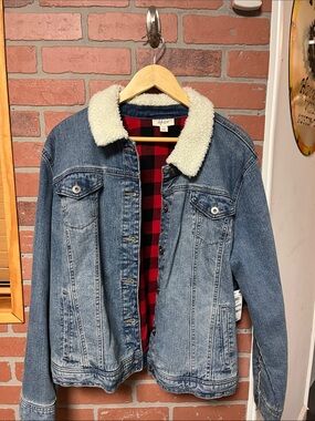 Style & Co. Blue Denim Jacket with Red and Black Plaid Lining
